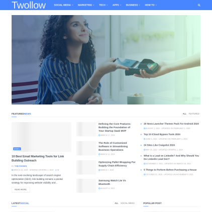 A detailed screenshot showcasing the homepage of twollow.com, highlighting its main features and design elements.