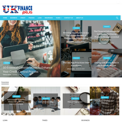 A detailed screenshot showcasing the homepage of ukfinanceplus.co.uk, highlighting its main features and design elements.