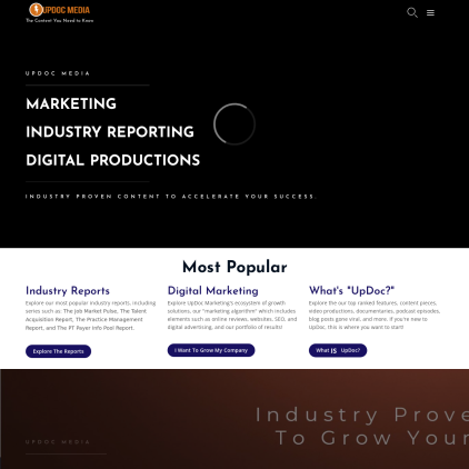 A detailed screenshot showcasing the homepage of updocmedia.com, highlighting its main features and design elements.