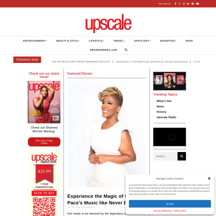 A detailed screenshot showcasing the homepage of upscalemagazine.com, highlighting its main features and design elements.