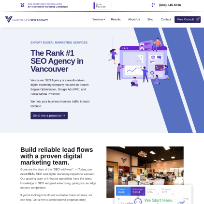 A detailed screenshot showcasing the homepage of vancouverseoagency.ca, highlighting its main features and design elements.