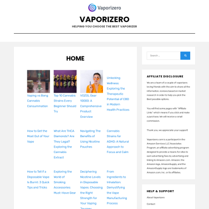 A detailed screenshot showcasing the homepage of vaporizero.com, highlighting its main features and design elements.