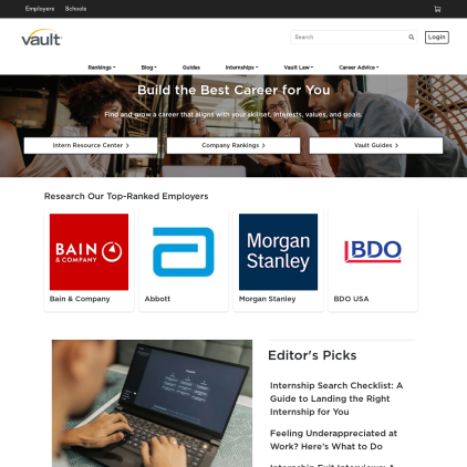 A detailed screenshot showcasing the homepage of vault.com, highlighting its main features and design elements.