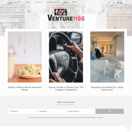 A detailed screenshot showcasing the homepage of venture1105.com, highlighting its main features and design elements.