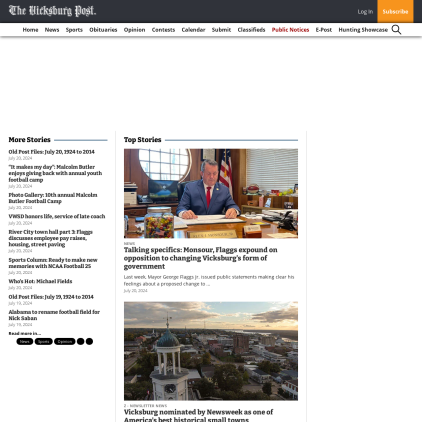 A detailed screenshot showcasing the homepage of vicksburgpost.com, highlighting its main features and design elements.