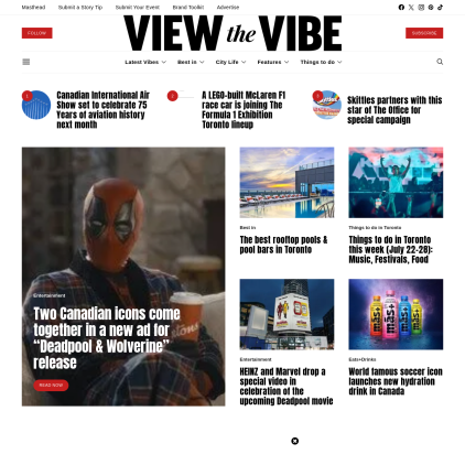 A detailed screenshot showcasing the homepage of viewthevibe.com, highlighting its main features and design elements.