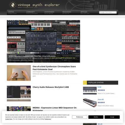 A detailed screenshot showcasing the homepage of vintagesynth.com, highlighting its main features and design elements.