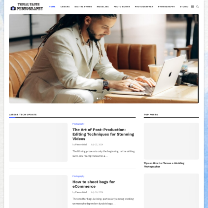A detailed screenshot showcasing the homepage of visualtastephotography.com, highlighting its main features and design elements.