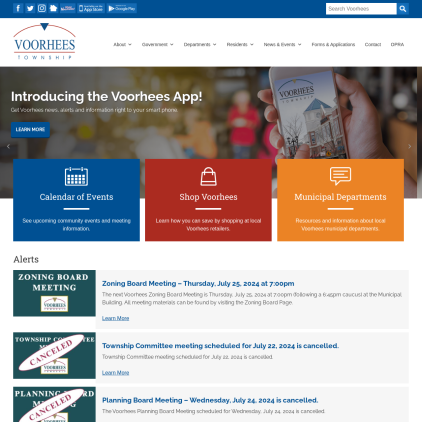 A detailed screenshot showcasing the homepage of voorheesnj.com, highlighting its main features and design elements.