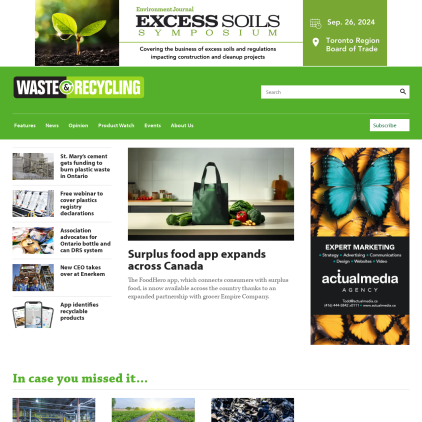 A detailed screenshot showcasing the homepage of wasterecyclingmag.ca, highlighting its main features and design elements.