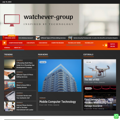 A detailed screenshot showcasing the homepage of watchever-group.com, highlighting its main features and design elements.