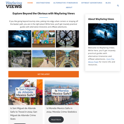 A detailed screenshot showcasing the homepage of wayfaringviews.com, highlighting its main features and design elements.