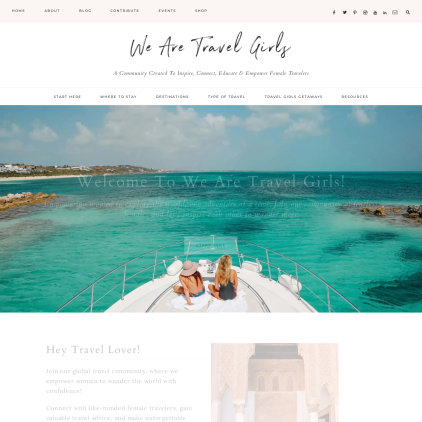 A detailed screenshot showcasing the homepage of wearetravelgirls.com, highlighting its main features and design elements.