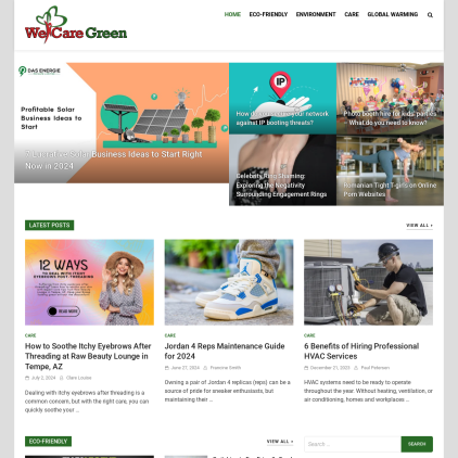 A detailed screenshot showcasing the homepage of wecaregreen.com, highlighting its main features and design elements.