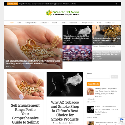 A detailed screenshot showcasing the homepage of weedcbdnews.com, highlighting its main features and design elements.