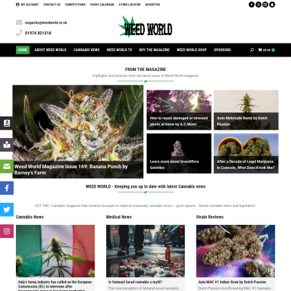 A detailed screenshot showcasing the homepage of weedworldmagazine.org, highlighting its main features and design elements.