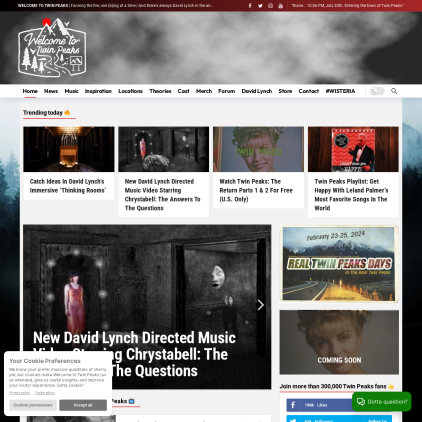 A detailed screenshot showcasing the homepage of welcometotwinpeaks.com, highlighting its main features and design elements.