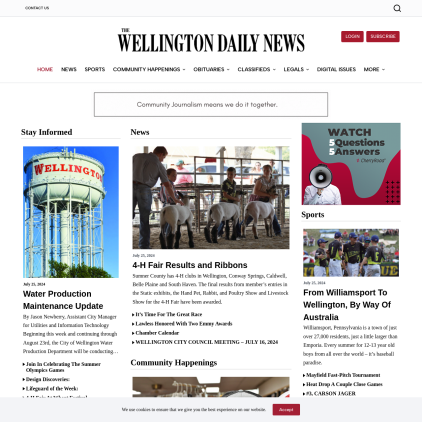 A detailed screenshot showcasing the homepage of wellingtondailynews.com, highlighting its main features and design elements.