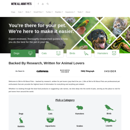 A detailed screenshot showcasing the homepage of wereallaboutpets.com, highlighting its main features and design elements.