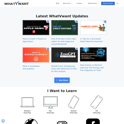 A detailed screenshot showcasing the homepage of whatvwant.com, highlighting its main features and design elements.