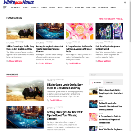 A detailed screenshot showcasing the homepage of whiteprintnews.com, highlighting its main features and design elements.