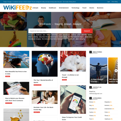 A detailed screenshot showcasing the homepage of wikifeedz.com, highlighting its main features and design elements.