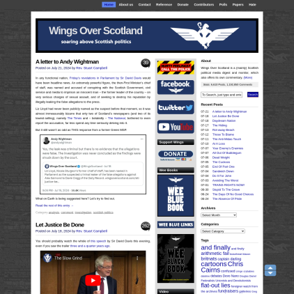 A detailed screenshot showcasing the homepage of wingsoverscotland.com, highlighting its main features and design elements.