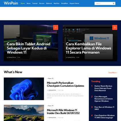 A detailed screenshot showcasing the homepage of winpoin.com, highlighting its main features and design elements.