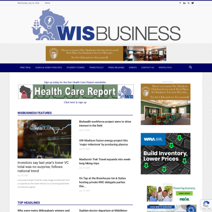 A detailed screenshot showcasing the homepage of wisbusiness.com, highlighting its main features and design elements.