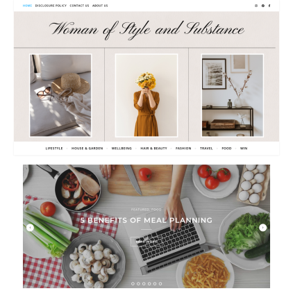 A detailed screenshot showcasing the homepage of womanofstyleandsubstance.com, highlighting its main features and design elements.