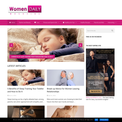 A detailed screenshot showcasing the homepage of womendailymagazine.com, highlighting its main features and design elements.