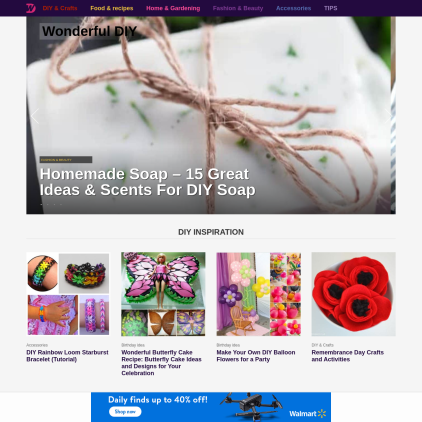 A detailed screenshot showcasing the homepage of wonderfuldiy.com, highlighting its main features and design elements.