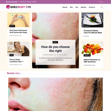 A detailed screenshot showcasing the homepage of worldbeautytips.com, highlighting its main features and design elements.