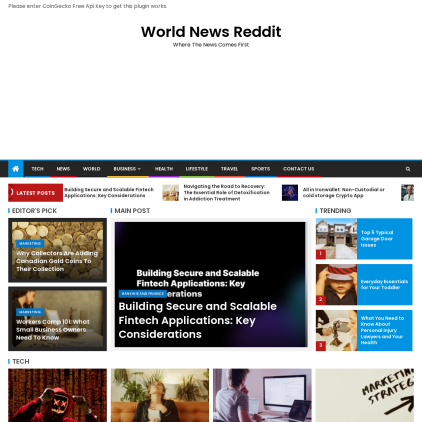 A detailed screenshot showcasing the homepage of worldnewsreddit.com, highlighting its main features and design elements.