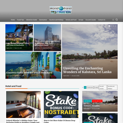 A detailed screenshot showcasing the homepage of worldtraveldestinations.co.uk, highlighting its main features and design elements.