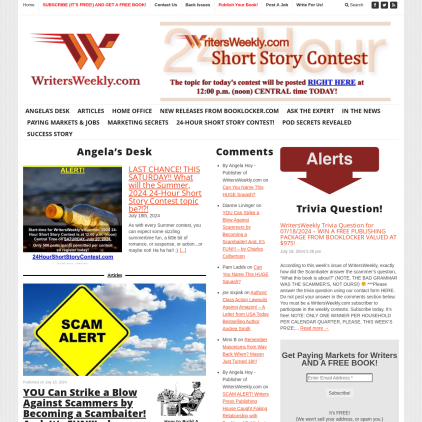 A detailed screenshot showcasing the homepage of writersweekly.com, highlighting its main features and design elements.