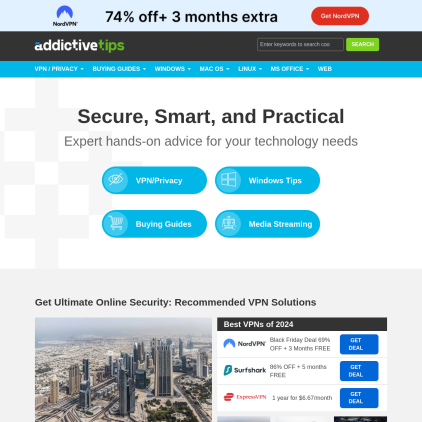 A detailed screenshot showcasing the homepage of www.addictivetips.com, highlighting its main features and design elements.