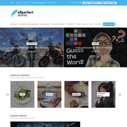 A detailed screenshot showcasing the homepage of www.allperfectstories.com, highlighting its main features and design elements.