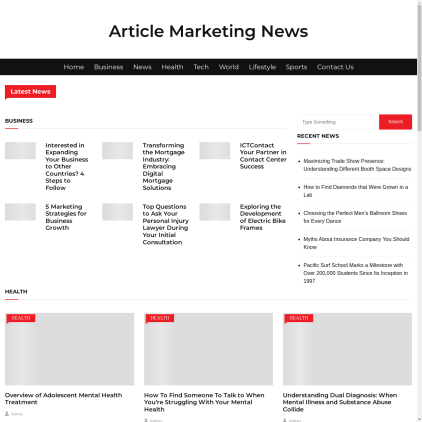 A detailed screenshot showcasing the homepage of www.articlemarketingnews.com, highlighting its main features and design elements.