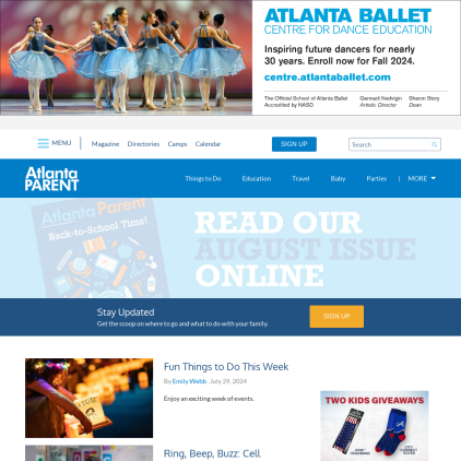 A detailed screenshot showcasing the homepage of www.atlantaparent.com, highlighting its main features and design elements.