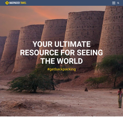 A detailed screenshot showcasing the homepage of www.backpackertravel.org, highlighting its main features and design elements.