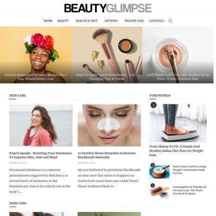 A detailed screenshot showcasing the homepage of www.beautyglimpse.com, highlighting its main features and design elements.