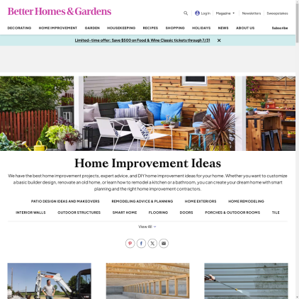 A detailed screenshot showcasing the homepage of www.bhg.com, highlighting its main features and design elements.