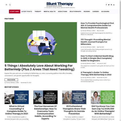 A detailed screenshot showcasing the homepage of www.blunt-therapy.com, highlighting its main features and design elements.