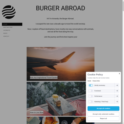 A detailed screenshot showcasing the homepage of www.burgerabroad.com, highlighting its main features and design elements.