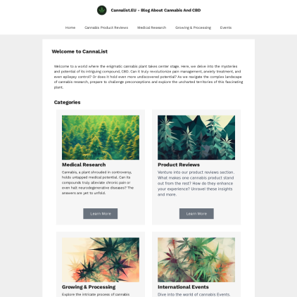 A detailed screenshot showcasing the homepage of www.cannalist.eu, highlighting its main features and design elements.