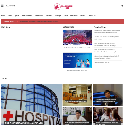 A detailed screenshot showcasing the homepage of www.chandigarhbuzz.com, highlighting its main features and design elements.