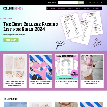 A detailed screenshot showcasing the homepage of www.collegefashion.net, highlighting its main features and design elements.