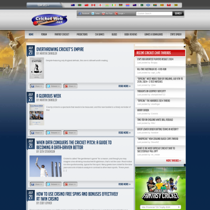 A detailed screenshot showcasing the homepage of www.cricketweb.net, highlighting its main features and design elements.