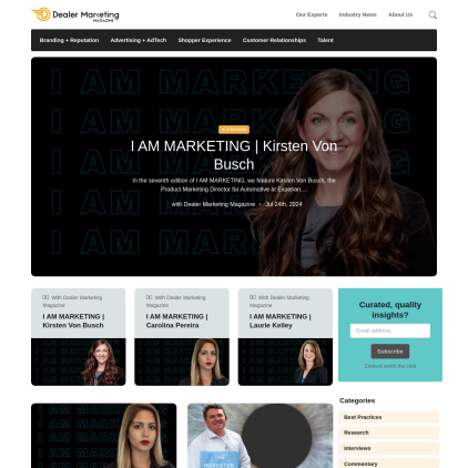 A detailed screenshot showcasing the homepage of www.dealermarketing.com, highlighting its main features and design elements.